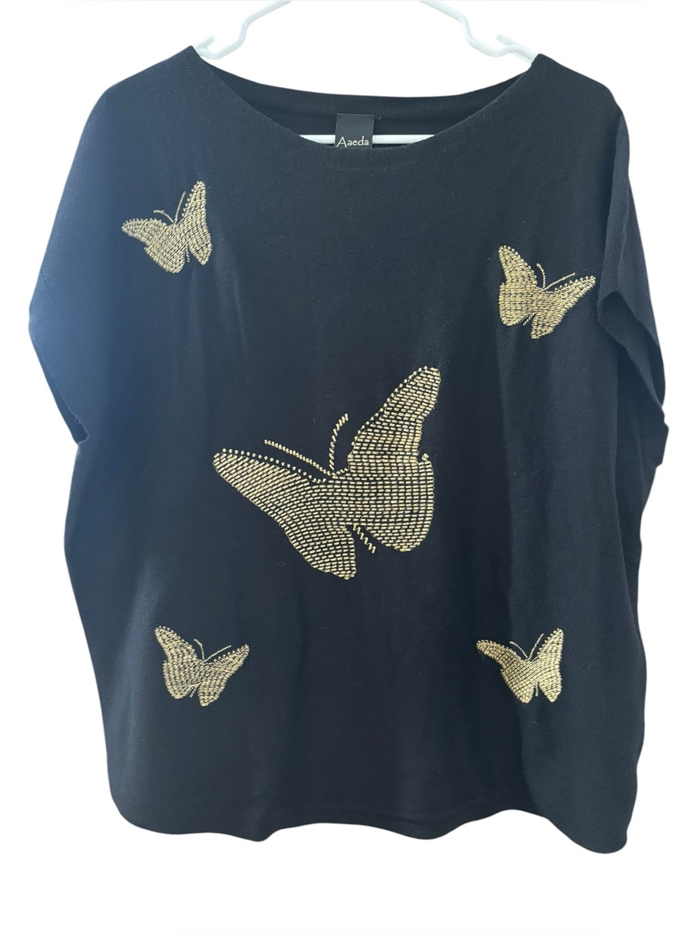Aaeda Women's Black Sweater Gold Butterfly Embroidered Cap Sleeve Sizeโ XL